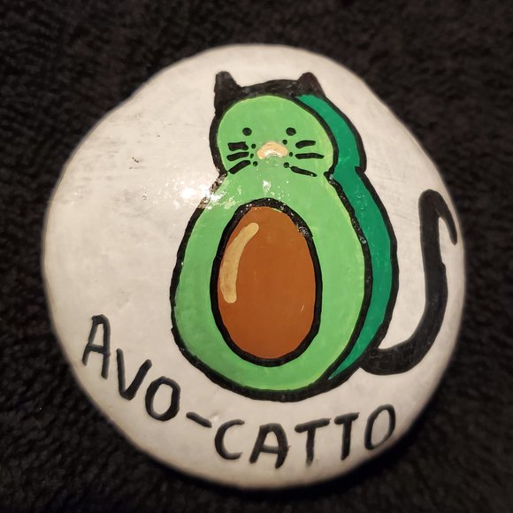 Avo-Catto Avocado Cat Painted Rock OOAK Garden Art - Picture 1 of 1